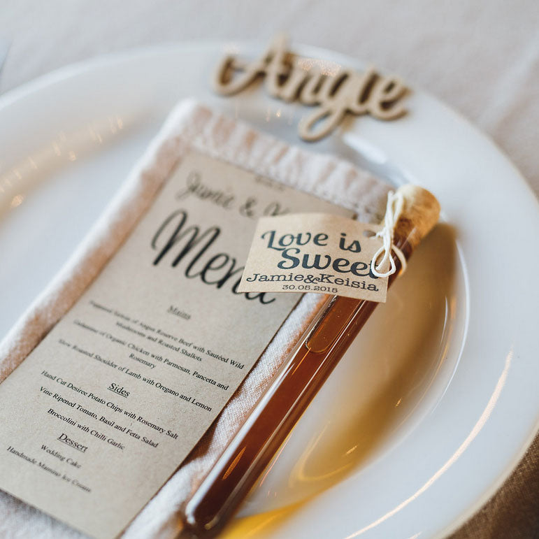 Honey Test Tube with Wooden Tag - Wedding Bonbonniere - Custom Favours
